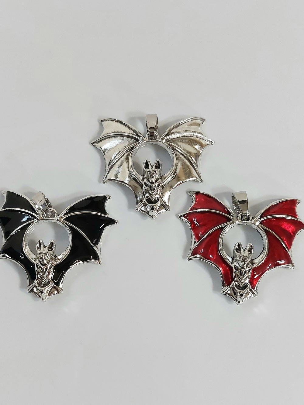 Gothic Bat Wing Pendants - Silver with Red/Black/Silver Accents